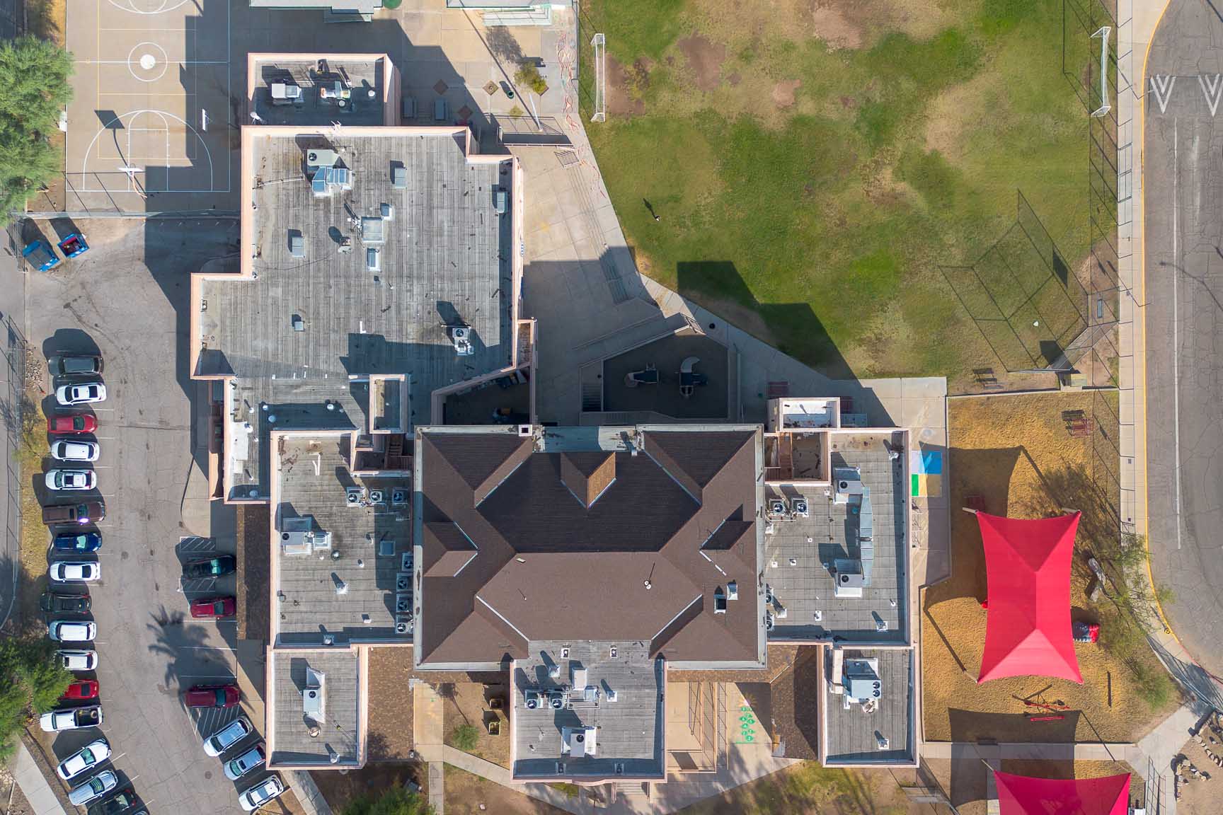 A drone shot showing the roof of Davis