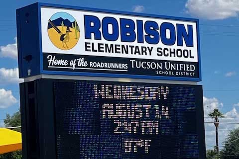 Closeup side view of new Robison Elementary School marquee